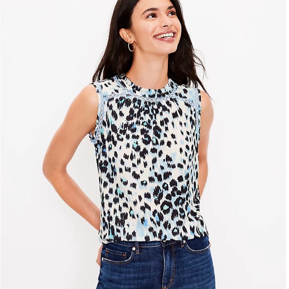 LOFT Animal Print Cutout Ruffle Mixed Media Shell